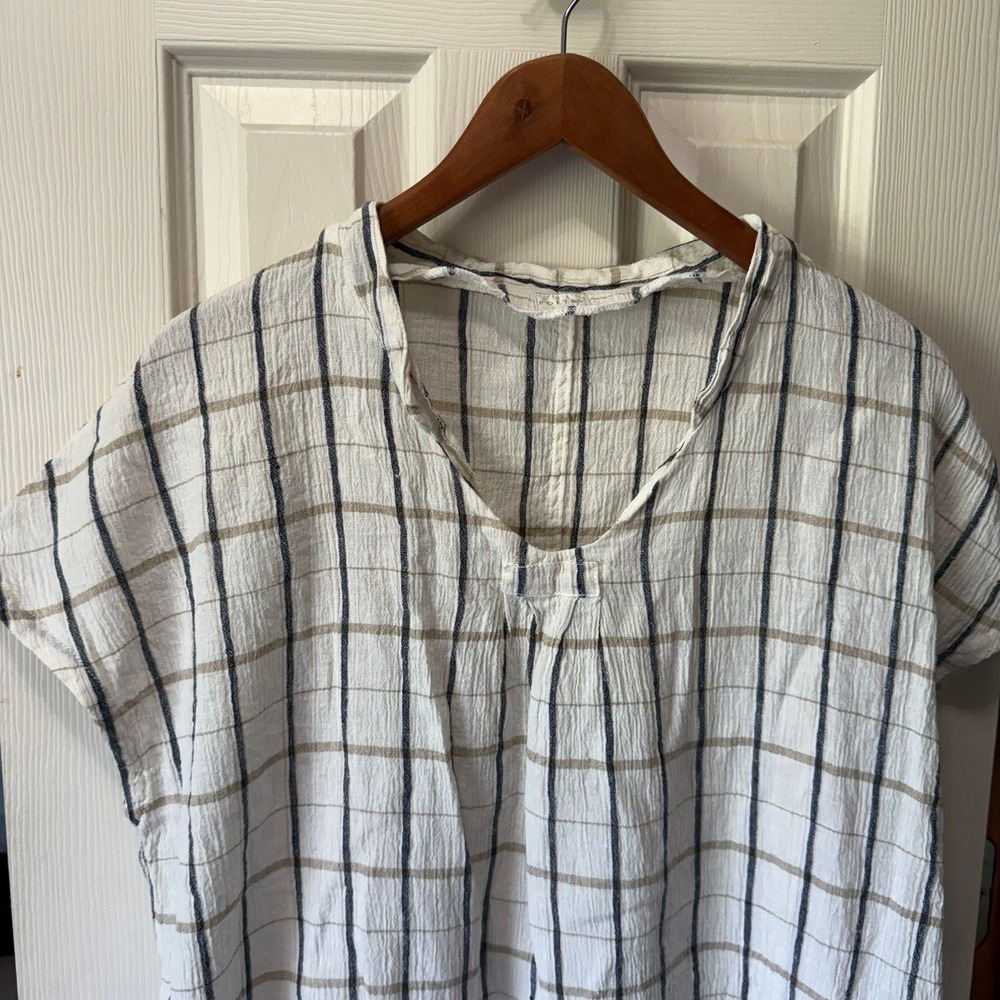 Poetry Linen Top S Windowpane Check Plaid Short Sleeve Boho Popover Langenlook